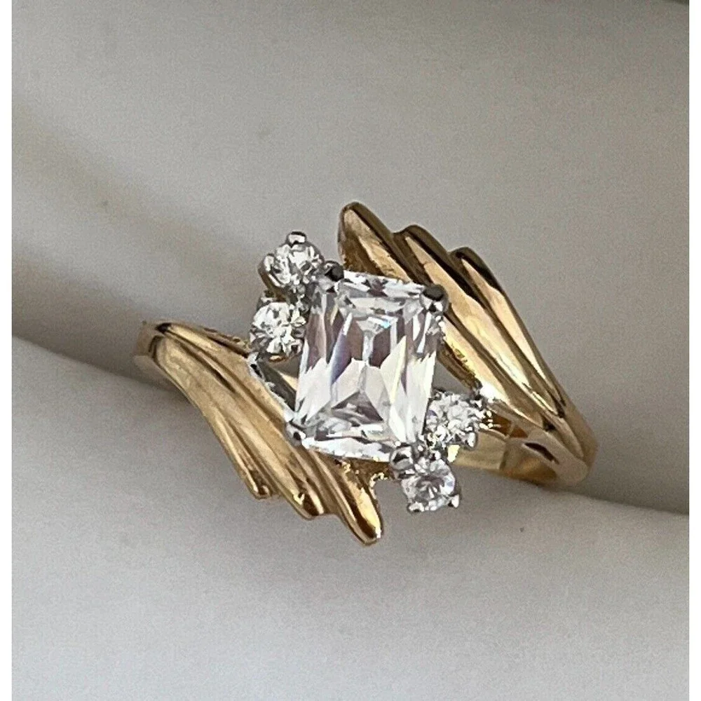 Vintage 1970s Ring Size 9 CZ Emerald Cut Solitaire Bypass Gold Plated - 14R